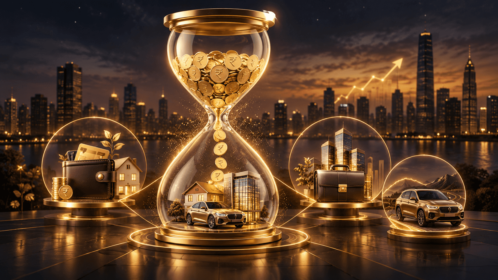 Illustration of a golden hourglass with rupee coins, a home, a business and a car